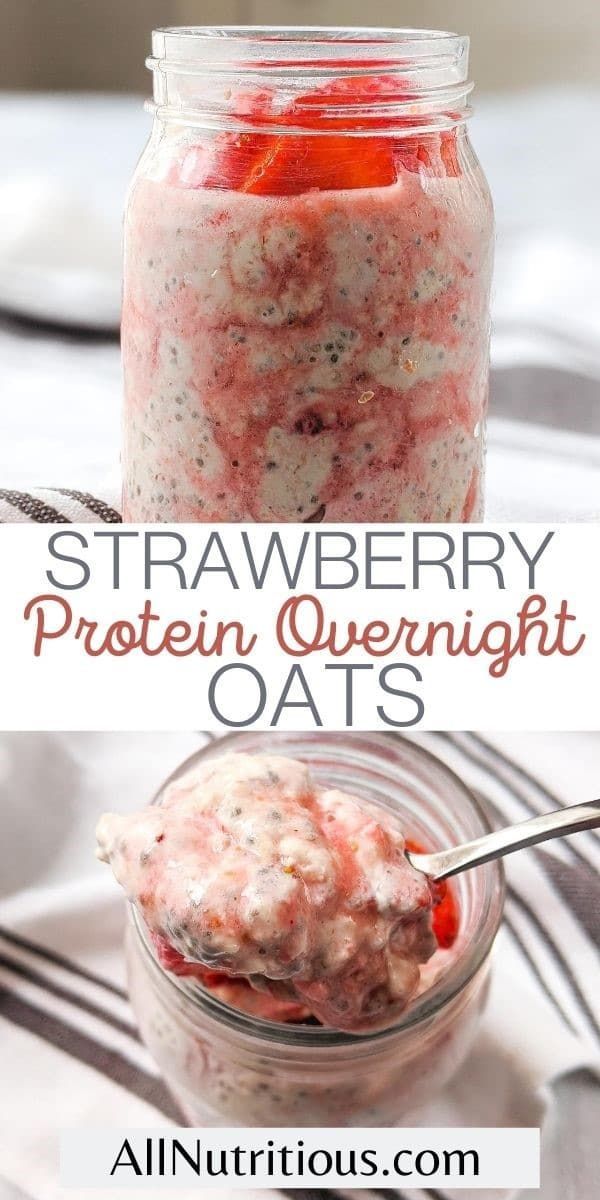 strawberry protein overnight oats in a mason jar