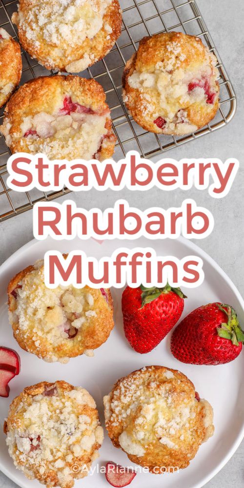 strawberry rhubarb muffins on a plate with strawberries