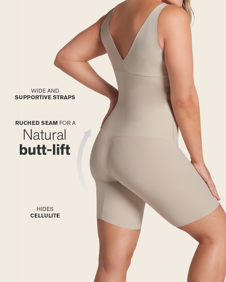 This mid-thigh bodysuit shaper is made with our trademark DuraFit® fabric for firm compression to sculpt the whole torso and thighs. Double-layered fabric in the torso carves out your curves, while the single-layered short bottom shapes lightly while preventing thigh rub. Laser-cut edges give this shaper a truly undetectable look, even under your tightest clothes. The plunge back is specially designed to shape the sides of your back while remaining undetectable, even when worn with scoop back dr Sculpting Shapewear With Contoured Waistband, Mid-thigh Length, Mid-thigh Length Sculpting Shapewear With Smoothing Detail, Sculpting Smoothing Shapewear Mid-thigh Length, Smoothing Sculpting Shapewear Mid-thigh Length, Mid-thigh Length Sculpting Smoothing Shapewear, Solid Sculpting Shapewear Mid-thigh Length, Sculpting Smoothing Mid-thigh Shapewear, Sculpting Solid Color Shapewear Mid-thigh Length, Shaping Shapewear With Built-in Bra, Short Leg