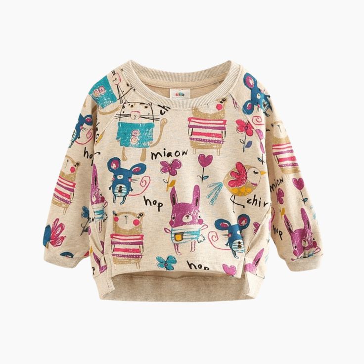 Introducing our Long Sleeve Cartoon Rats Loose Sweatshirt, a cozy and adorable addition to your little girl's wardrobe. Crafted with comfort and style in mind, this sweatshirt is perfect for keeping her warm and fashionable during the colder months. The loose fit of this sweatshirt allows for easy movement and a relaxed, comfortable feel. It's designed to provide your child with the freedom to play, explore, and express herself while staying cozy and snug. The long sleeves offer added warmth, ma Long Sleeve Cotton T-shirt For Playwear, Cute Multicolor Winter Sweatshirt, Cute Long Sleeve Sweatshirt With Character Print, Cute Multicolor Long Sleeve Sweater, Multicolor Long Sleeve Top With Cartoon Print, Playful Cotton Hoodie With Character Print, Cute Winter Sweatshirt With Character Print, Cute Winter Character Print Sweatshirt, Playful Cartoon Print Sweatshirt For Playtime