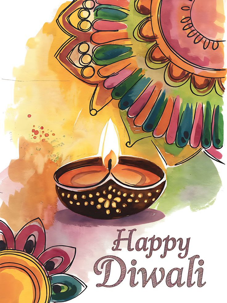 happy diwali greeting card with watercolor painting