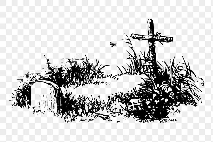 a black and white drawing of a cross on top of a grave in the grass