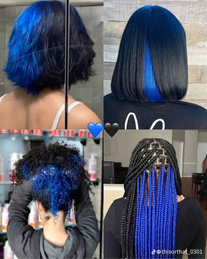 Natural Dyed Hair Ideas, Blue Skunk Stripe Hair, Hair Color Combos, Black And Blue Hair, Blue Curly Hair, Blue Natural Hair, Hair Styles Curly Hair, Styles Curly Hair, Hair Styles Curly