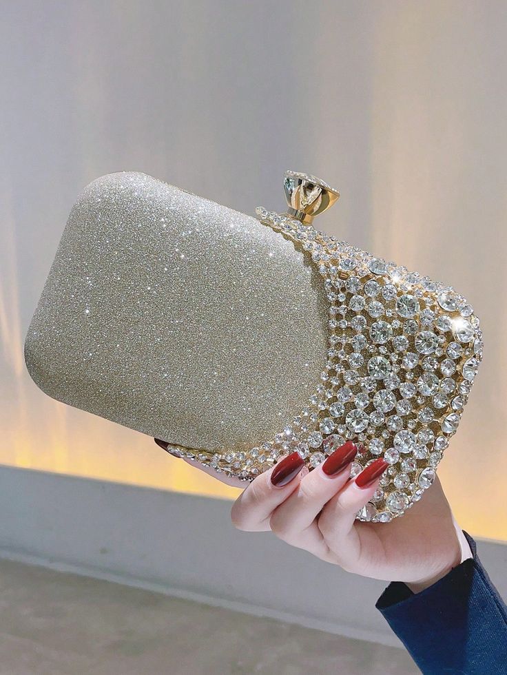 Glitter Bling,Shiny Glamorous,Elegant,Exquisite Rhinestone Decor Box Bag Chain Glamorous For Party Dinner Bag,Evening Bag For Party Girl,Woman,For Female Perfect For Party,Wedding,Prom,Dinner/Banquet,For Best Gift For Women Gold Glamorous   Pu Plain Box Bag   Women Bags, size features are:Bust: ,Length: ,Sleeve Length: Wedding Clutch Purse, Elegant Handbags, Clutch Bag Wedding, Rhinestone Clutch, Beg Tangan, Wedding Purse, Wedding Clutch, Wedding Elegant, Color Wedding