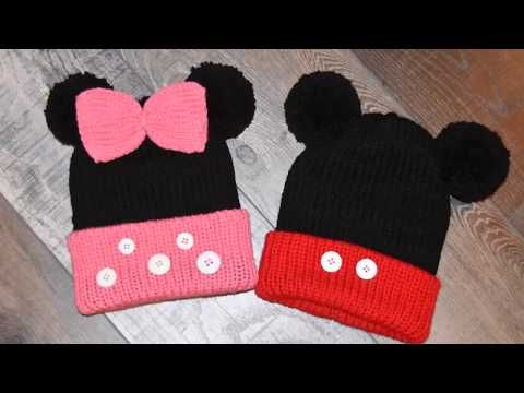 two knitted mickey and minnie mouse hats