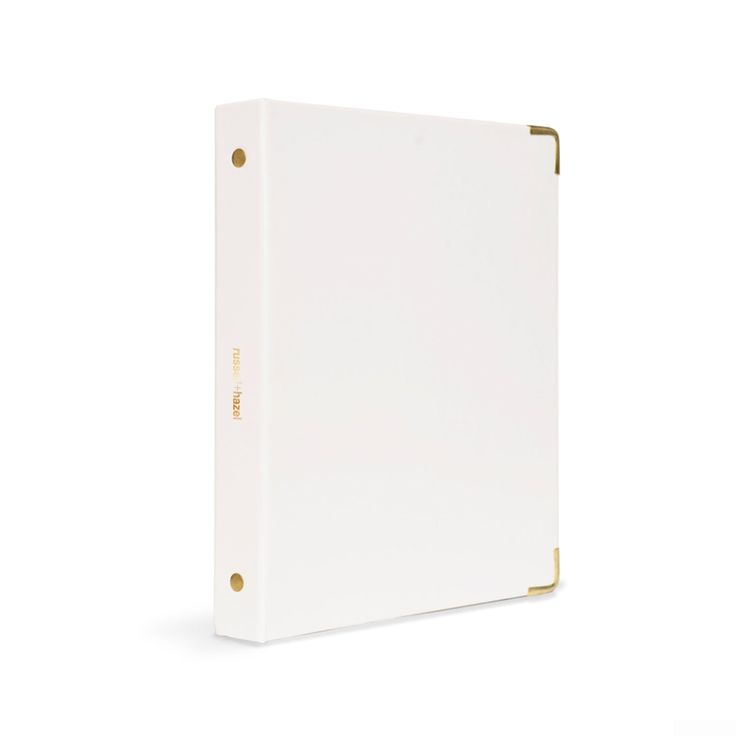 a white binder on a white background with gold trim around the edges and sides