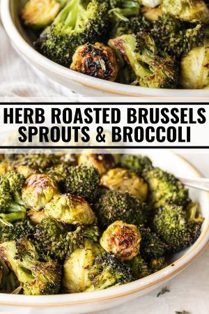 broccoli and brussel sprouts in white bowls with text overlay