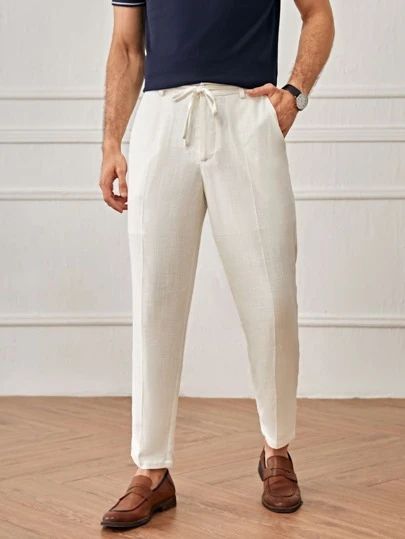 Linen Pants Outfit Men, Mens Linen Outfits, White Pants Men, White Linen Trousers, Linen Pants Outfit, White Pants Outfit, Shein Men, Casual Linen Pants, Mens Linen Pants