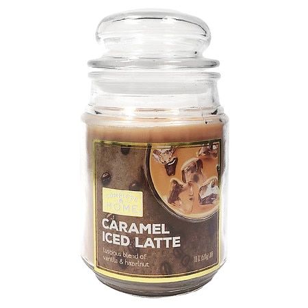 a jar filled with caramel iced latte