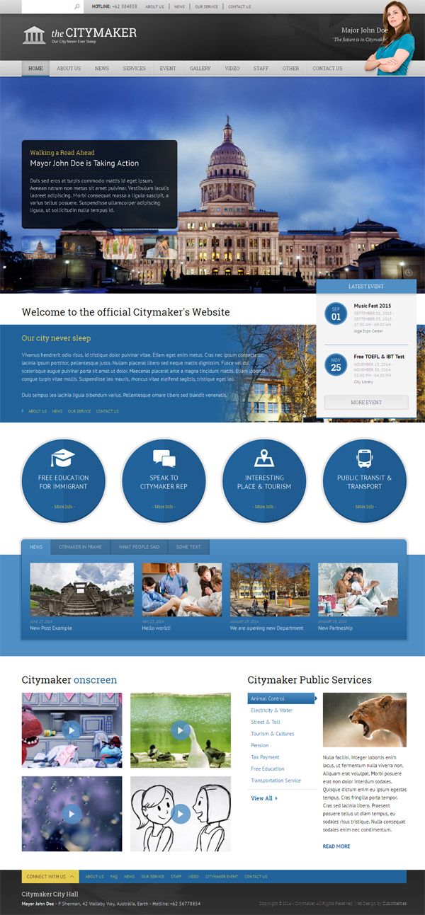 an image of a web page with blue and white colors on the front, bottom and bottom