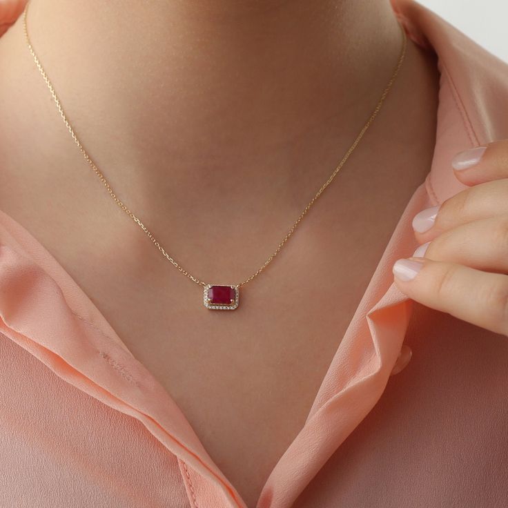 14k Ruby and Diamond Necklace / Solid Gold Necklace with Ruby / Emerald Cut Natural Ruby Necklace / Octagon Ruby Gold and Diamond Necklace ✔ Handmade ✔ Natural Diamond and Ruby ✔ Total Carat Weight of Diamonds: 0.09 ✔ Carat Weight of Ruby: 1.15ct ✔ Dimensions of Setting: 9x7mm Worldwide DHL shipping now available 1-3 business days NOW USING ITALIAN TRIGGER LOBSTER CLASPS Available 14K Solid White, Solid Yellow, Solid Rose Gold 🛠 All Sarah Elise pieces are handcrafted to order, please allow 4 - Exquisite Red Jewelry With Gemstone Accents, Luxury Red Jewelry With Gemstone Accents, Exquisite Ruby Pendant Jewelry, Exquisite Jewelry With Lab-created Ruby Gemstone, Exquisite Lab-created Ruby Gemstone Jewelry, Luxury Ruby Jewelry Gift, Luxury Red Ruby Necklace, Fine Jewelry Lab-created Ruby Necklaces For Wedding, Fine Jewelry Wedding Necklace With Lab-created Ruby