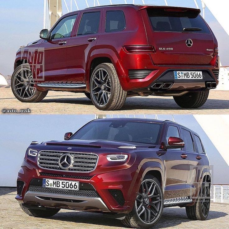 the front and side view of a red mercedes gls