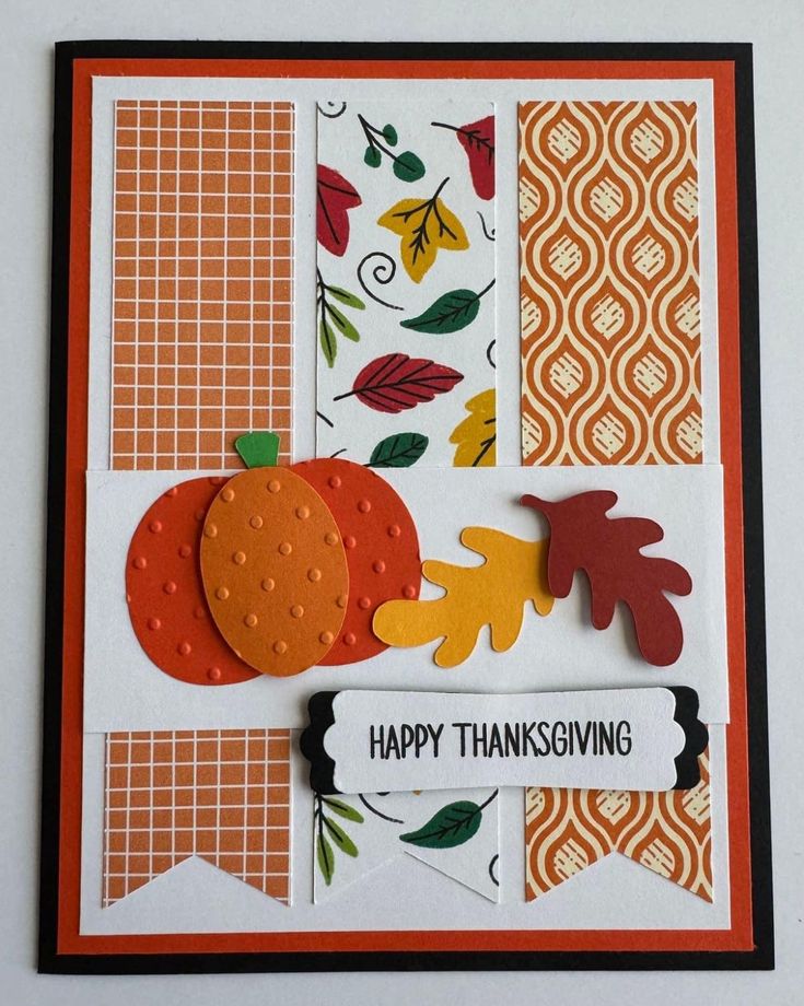 a handmade thanksgiving card with pumpkins and leaves