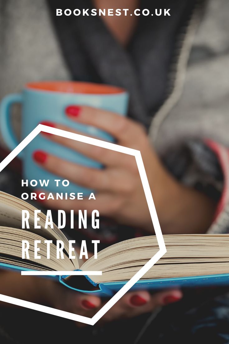 a woman reading a book and holding a coffee mug with the title how to organize a reading retreat