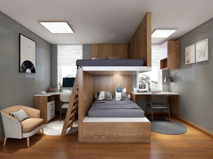 a loft bed with stairs is in the middle of a room next to a desk and chair