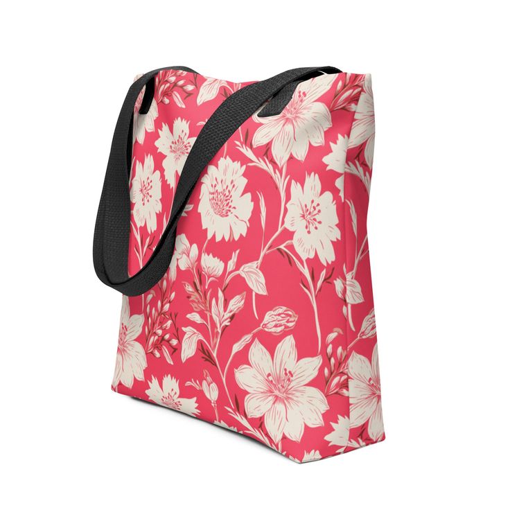 Floral print tote bag with pink background and black handles. Everyday Floral Print Double Handle Shoulder Bag, Floral Print Double Handle Shoulder Bag For Everyday, Everyday Floral Print Shoulder Bag With Double Handle, Daily Use Floral Print Shoulder Satchel, Daily Use Floral Print Satchel Shoulder Bag, Daily Use Floral Print Double Handle Shoulder Bag, Daily Use Floral Print Shoulder Bag With Double Handle, Floral Print Tote Satchel For Daily Use, Floral Print Double Handle Shoulder Bag For Daily Use