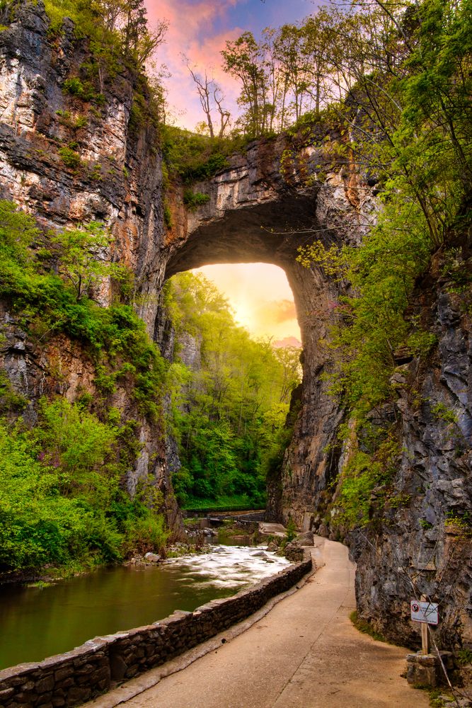 an arch in the side of a mountain with a river running under it and trees growing on both sides