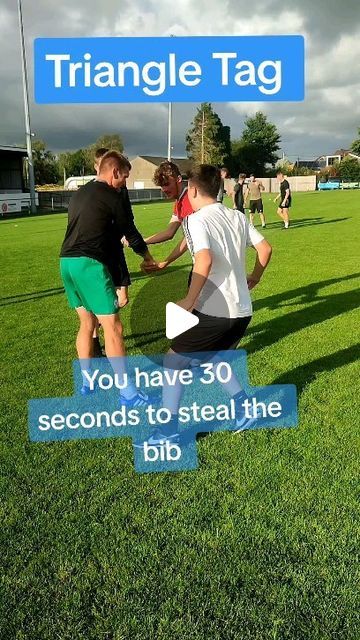 two men shaking hands on top of a soccer field with the caption triangle tag you have 30 seconds to steal the bid