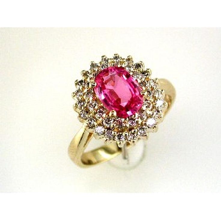 Royal 14K Yellow Gold Pink Sapphire & Diamond Ring - Radiant Elegance Pink Sapphire Ring With Halo Design For Formal Occasion, Formal Pink Sapphire Ring With Halo Design, Classic Pink Cluster Ring For Formal Occasions, Elegant Pink Sapphire Ring, Pink Oval Ruby Ring With Center Stone, Formal Pink Halo Design Ring, Luxury Pink Oval Sapphire Ring, Elegant Round Pink Sapphire Cluster Ring, Classic Pink Cluster Ring With Halo Setting