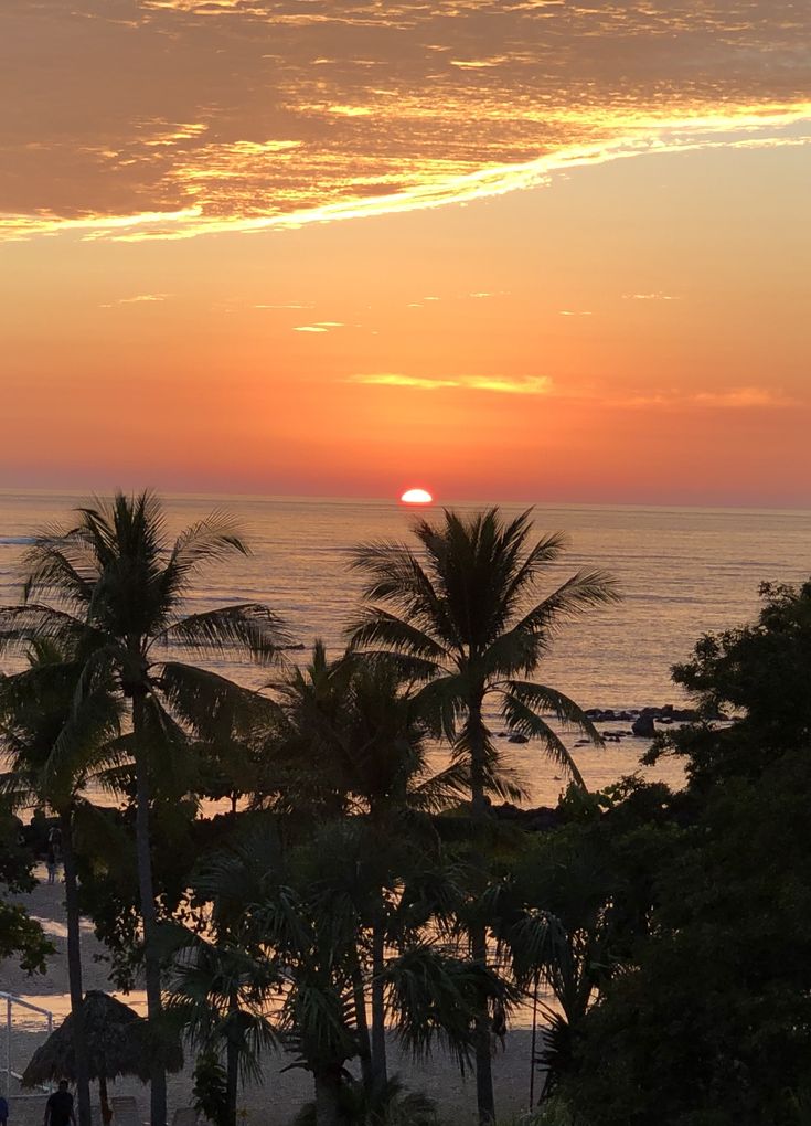 the sun is setting over the ocean with palm trees and people walking on the beach