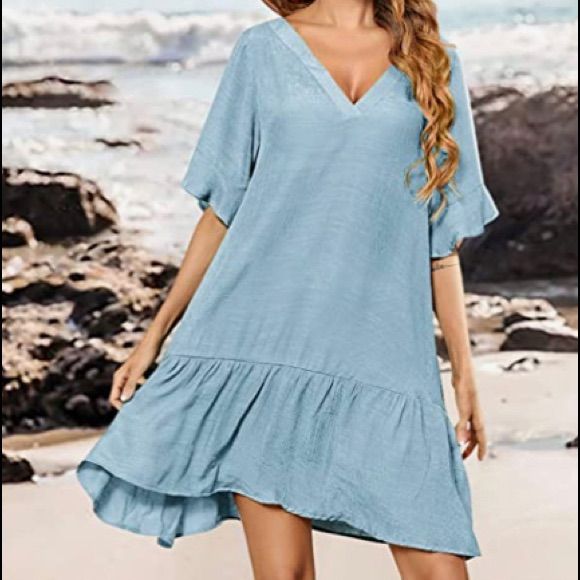 New Womens Swimsuit Coverup, Summer Dress, Sexy V Neck Bathing Suit Cover Up - M Length Is Approximately 34.5” Loose-Fitting Pullover Style Fast Drying Fabric Light Blue Summer V-neck Mini Dress, Solid V-neck Beach Cover-up Dress, Light Blue V-neck Summer Mini Dress, Fitted V-neck Dress For Beach Party, Light Blue V-neck Mini Dress For Vacation, Fitted V-neck Mini Dress For Beach Cover-up, Blue V-neck Dresses For Beach Party, Casual One-piece Dress, Blue V-neck Mini Dress For Summer