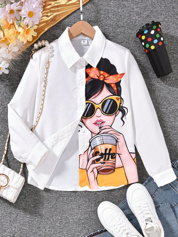 Tween Girls Urban Print Cartoon Character Long Sleeve White Blouse, Autumn White Casual  Long Sleeve Polyester Figure Shirt Non-Stretch  Tween Girls Clothing, size features are:Bust: ,Length: ,Sleeve Length: White Long Sleeve Blouse, Drop Shoulder Tee, Girls Stripes, Casual Athletic, Girls Blouse, Retro Hairstyles, White Blouse, White Casual, White Long Sleeve