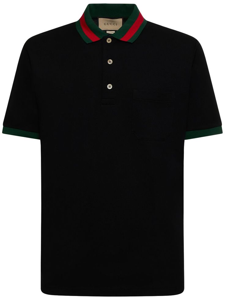 Find Gucci Stretch Cotton Blend Polo Shirt W/ Web on Editorialist. Front half button placket. Web collar. Model is wearing a sizeM G Embroidery, Embroidery Green, Collar Model, Adidas Wallpapers, Red Web, Dope Outfits For Guys, Half Sleeve Shirts, Black Polo Shirt, Polo Shirt White