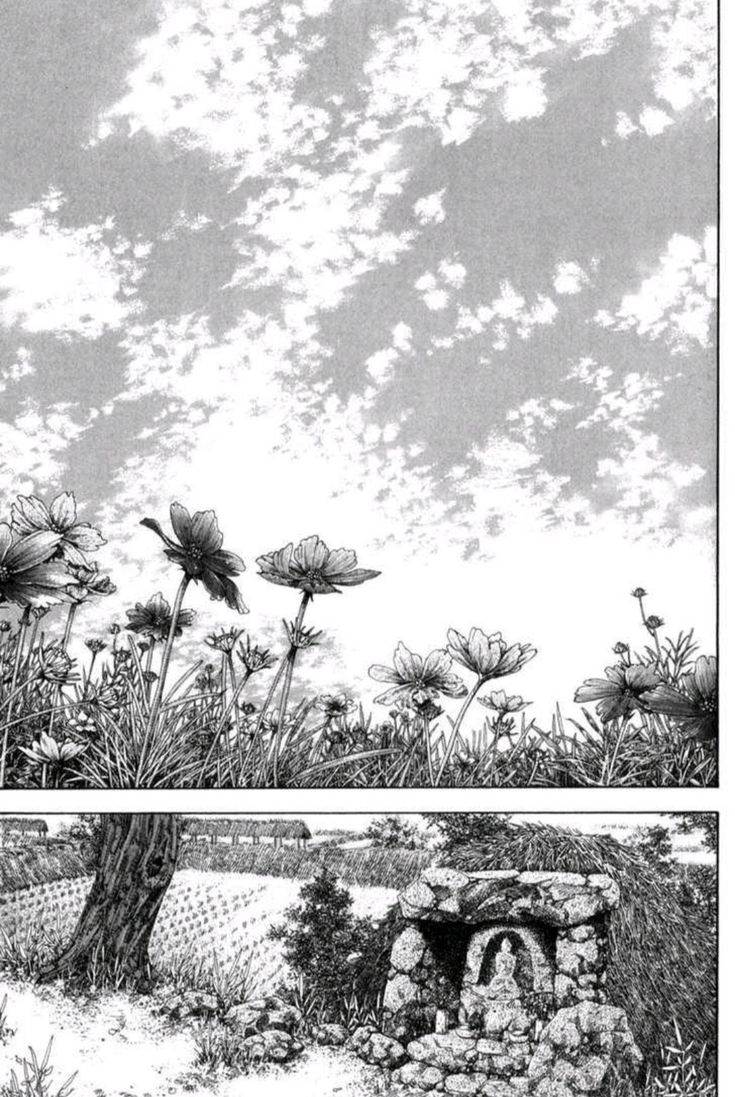 two black and white illustrations of flowers in the sky, with clouds above them on separate pages