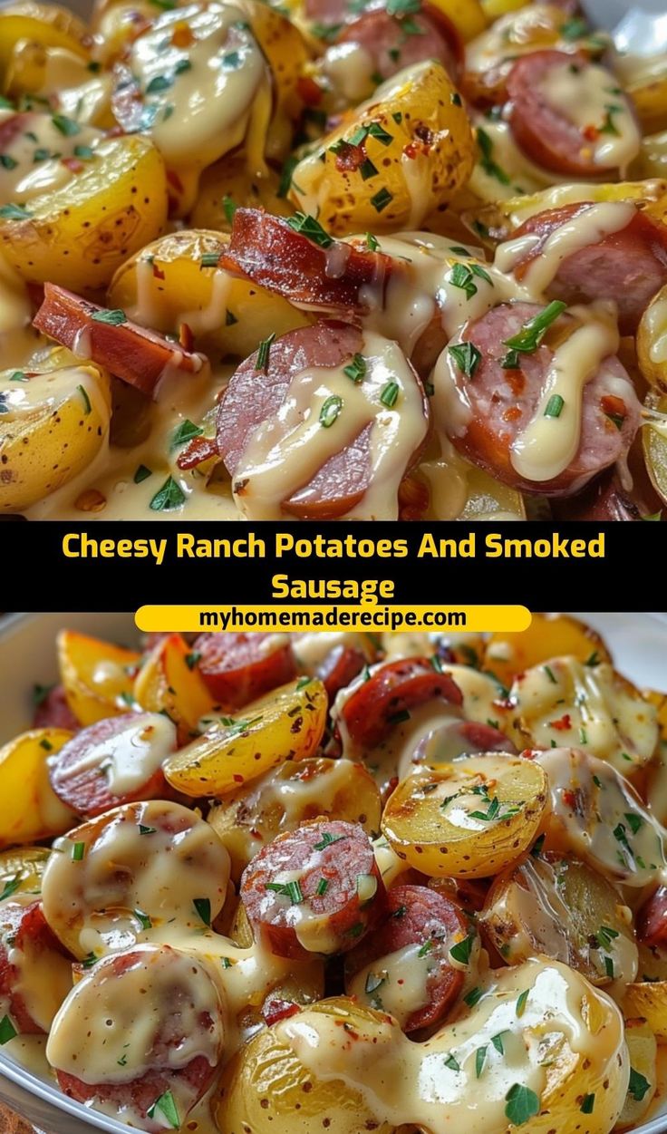 two pictures of different types of food in a bowl with cheese, potatoes and smoked sausage