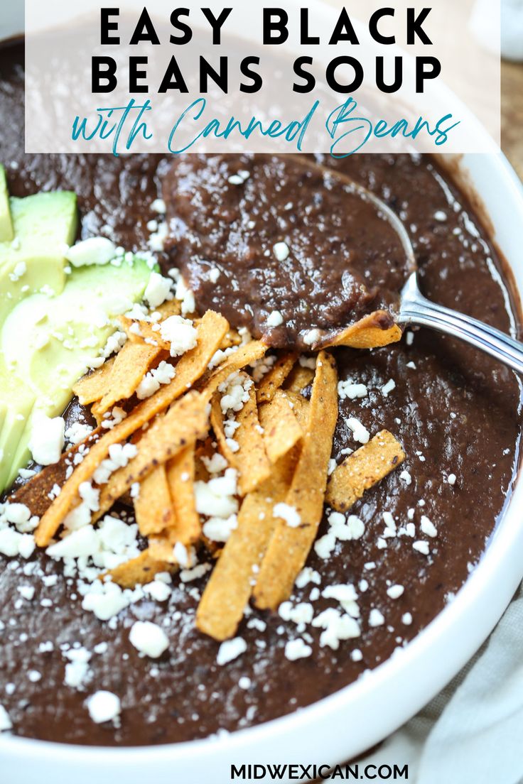 an easy black bean soup with caramel beans and avocado in a white bowl