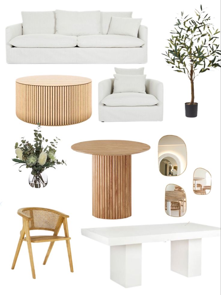 white furniture and accessories are arranged in a collage, including a couch, table, chair, mirror, potted plant