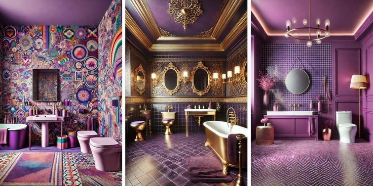 the bathroom is decorated in purple and gold