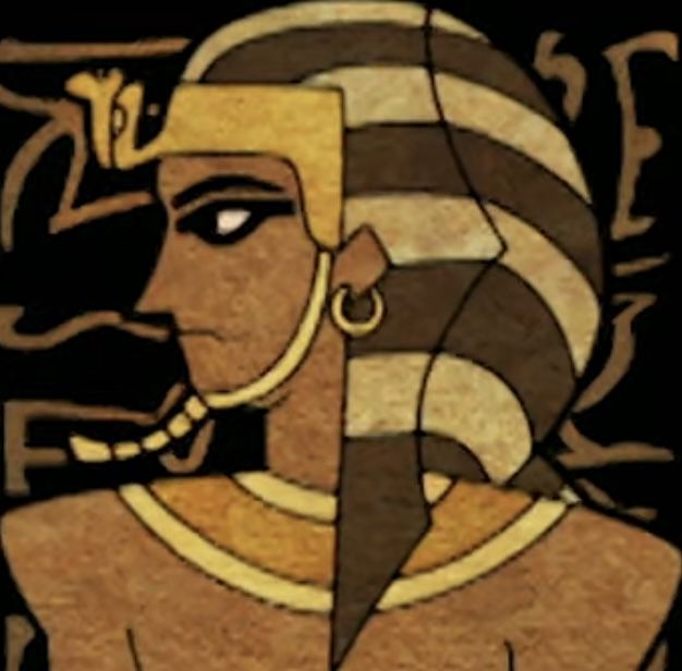 an ancient egyptian painting with gold and black colors