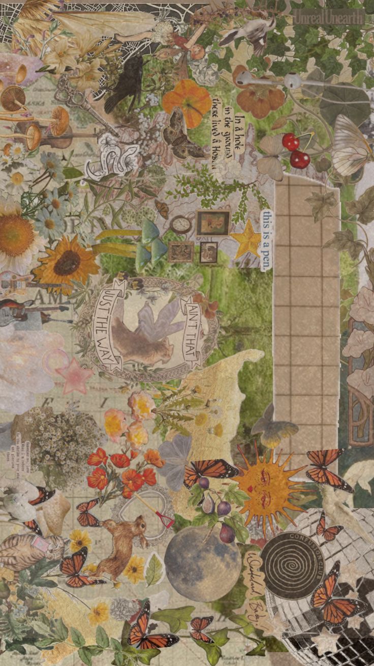 an altered collage with flowers and butterflies on it's side, including leaves