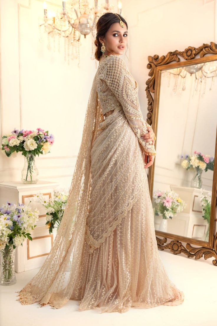 Giaa | Pakistani Designer Outfit | Sarosh Salman Traditional Georgette Pre-draped Saree With Pearl Embroidery, Wedding Embellished Pre-draped Saree In Chinon, Traditional Semi-stitched Pre-draped Saree With Pearl Embroidery, Elegant Organza Pre-draped Saree With Mirror Work, Elegant Pre-draped Saree For Wedding And Eid, Traditional Embellished Pre-draped Saree In Chinon, Traditional Embellished Pre-draped Georgette Saree, Floor-length Pre-draped Saree With Dupatta, Traditional Fitted Pre-draped Saree With Pearl Embroidery