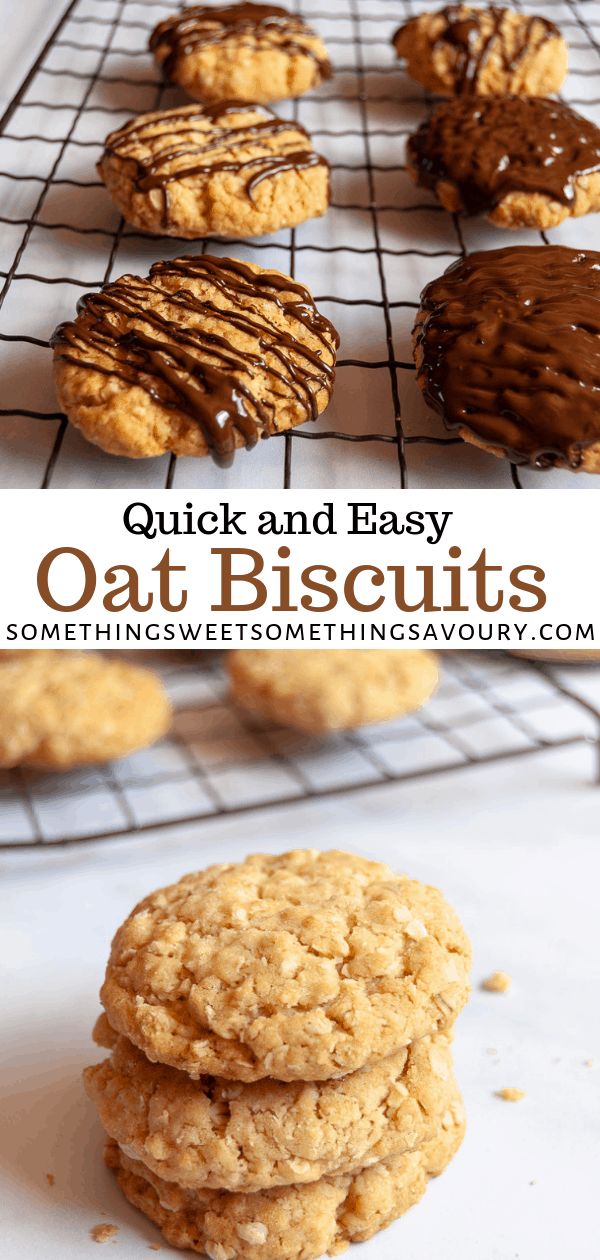 oat biscuits cooling on a rack with chocolate drizzled over the top