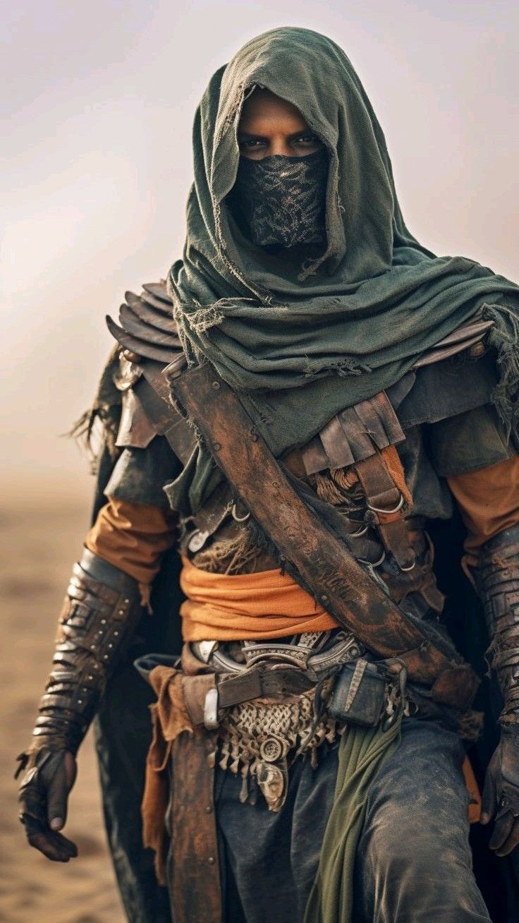 a man dressed in medieval clothing walking through the desert with his hands on his hips