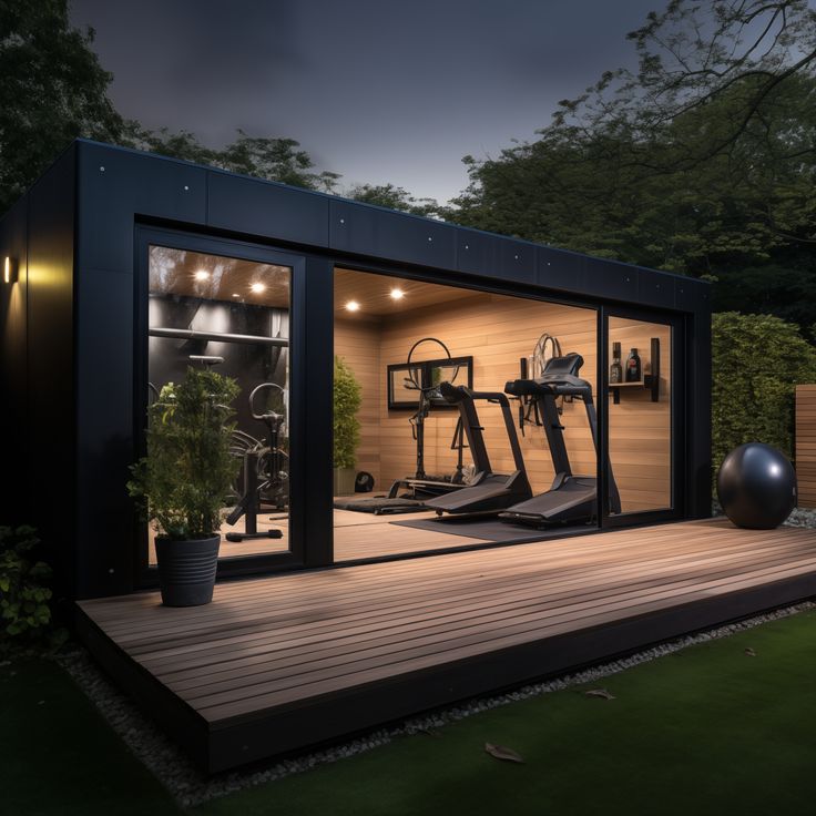 a home gym is lit up at night