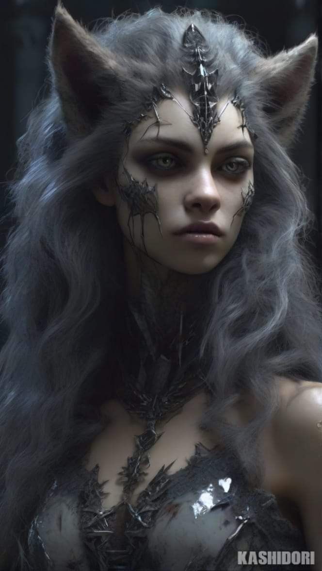 a woman with long hair and horns on her face is dressed up as a wolf