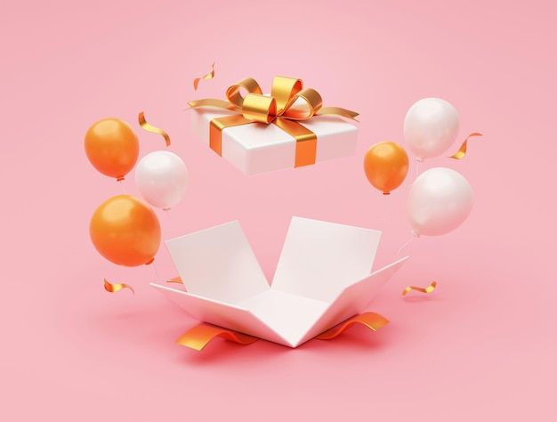 an open gift box surrounded by balloons and confetti on a pink background with gold ribbon