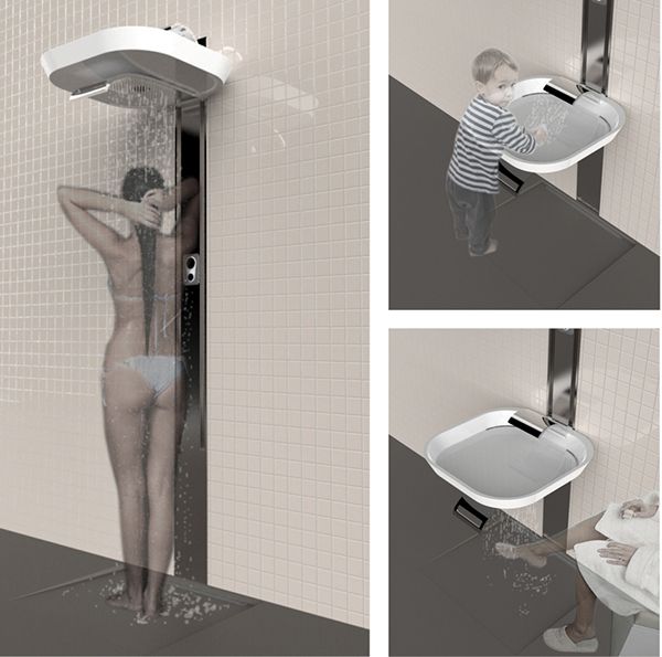 three pictures of a person in the shower with their back to the camera, and another image of a child standing on the toilet