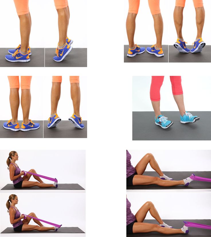 a woman doing exercises with resistance bands on her feet and legs, in various positions