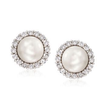 Ross-Simons - 7.5mm Cultured Pearl, 1.10ct t.w. Cubic Zirconia Jewelry Set: Earrings, Earring Jackets. Raise the bar on affordable elegance with these cultured pearl stud earrings with 1.10 ct. t.w. CZ jackets. The gleaming 7.5mm cultured freshwater pearls are beautifully accented by a halo of round brilliant-cut CZs, adding just the right touch of glitter. Crafted in polished sterling silver. Clutch/post, CZ and white pearl jewelry set.CZ weights are diamond equivalents. Pearl birthstones are t Classic Pearl Earrings, White Pearl Jewelry, Earring Jackets, Pearl Jewelry Sets, Set Earrings, Classic Earrings, Cz Jewelry, Cz Stud Earrings, Pearl Stud Earrings