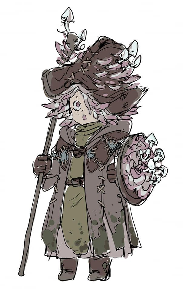 a drawing of a woman with flowers on her head and holding a stick in her hand