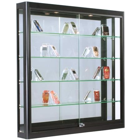 a glass display case filled with lots of different items on it's sides and shelves