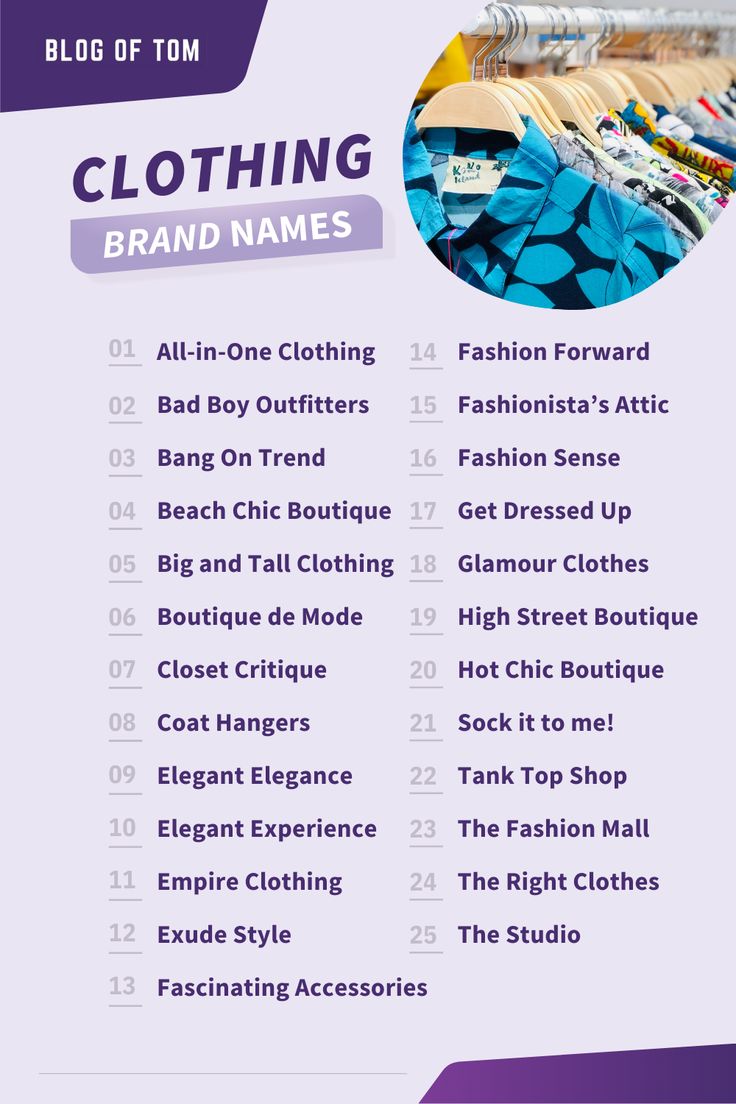 a purple and white flyer with clothing names on the bottom right hand corner is an image of clothes