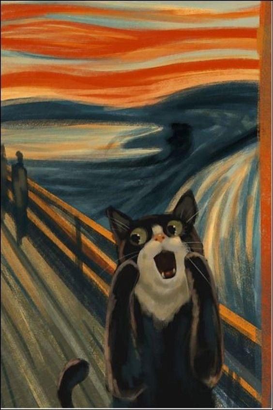 a black and white cat is standing in front of an image of the scream painting