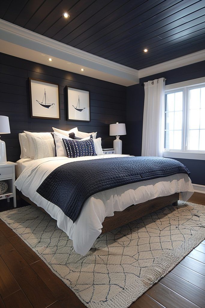 a bedroom with blue walls, white bedding and wooden floors is pictured in this image