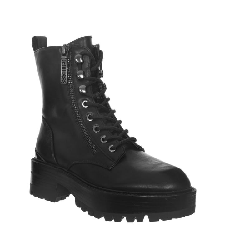 PRICES MAY VARY. Take-charge style with chunky lug soles, the GUESS Fearne booties feature inside and outside zippers accenting the cool lace-up look. Round Toe Zip Closure Cargo Boots, Chunky Combat Boots, Black Combat Boots, Combat Boot, Synthetic Rubber, Ankle Bootie, Black 7, Pharmacy Gifts, The Cool