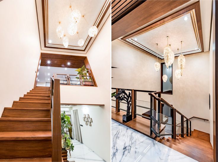 there is a staircase leading up to the second floor and another photo with stairs in it